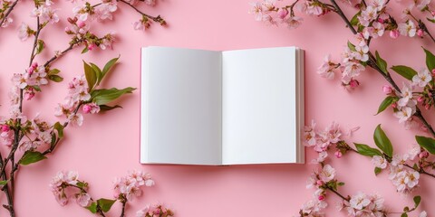 Obraz premium Mockup of Open Blank Book Surrounded by Delicate Pink Flowers. AI generated illustration.