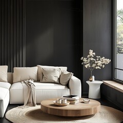 Contemporary lounge area featuring a sophisticated black wall, white sofa, and wooden coffee table near a window.