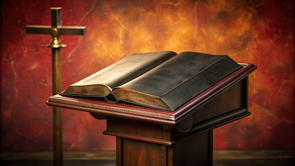 crimson, black leather, vintage, gold inscription, lectern, Holy Bible, Vintage black leather Holy Bible with Apocrypha inscribed in gold displayed on a crimson lectern