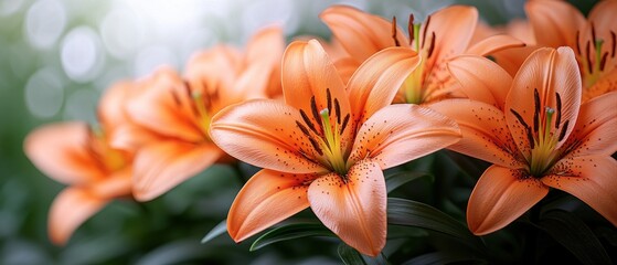 Fototapeta premium Close-up of Peach-Colored Lilies with Dark Stamens
