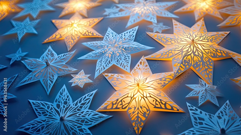 Poster delicate paper stars illuminated with soft light, creating a magical atmosphere perfect for festive 