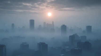 A city skyline shrouded in thick smog with the sun barely visible, showing the effects of rising pollution and greenhouse gases on urban environments.