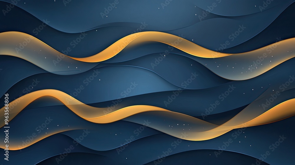 Poster elegant abstract background featuring soft waves in dark blue and gold tones, suitable for design an