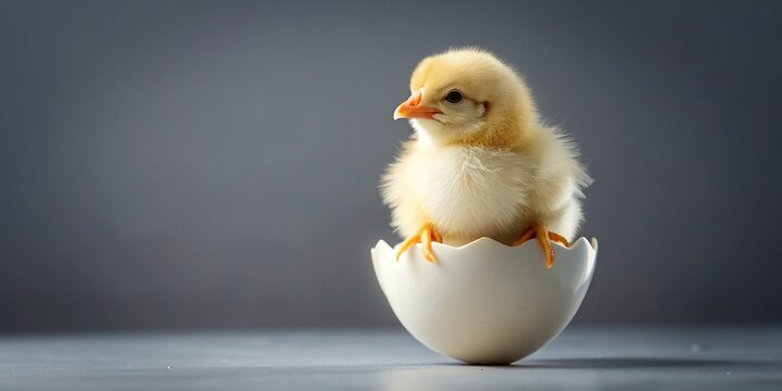 A cute little chicken hatching out of a white egg and standing on a soft surface, young, hatching, white egg, stock photo., growth, concept, new beginnings, bird,chicken, adorable