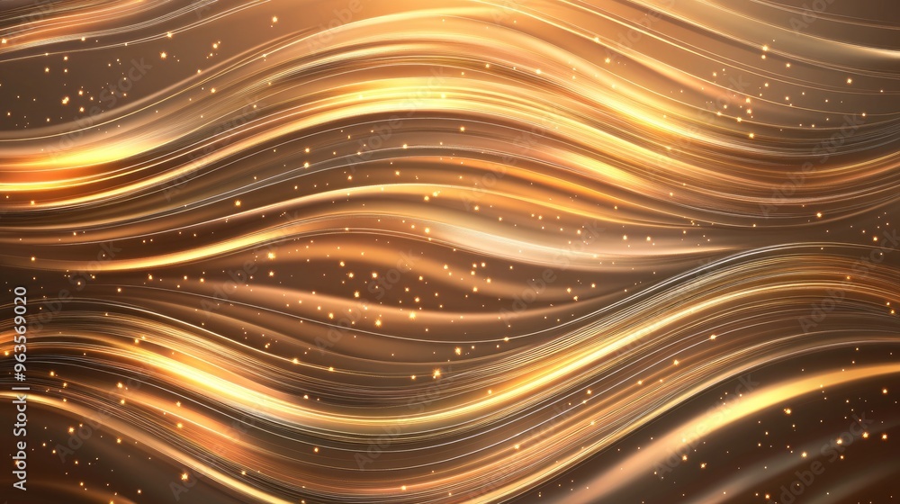 Poster elegant golden waves create a mesmerizing abstract background with sparkling particles, ideal for lu
