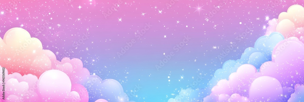 Poster a whimsical pastel sky adorned with fluffy clouds and shimmering stars creates a magically calm and 