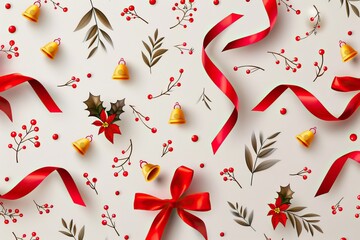 Fototapeta premium Festive arrangement of red ribbons, bells, and holly leaves on a light background, perfect for holiday themes and celebrations.