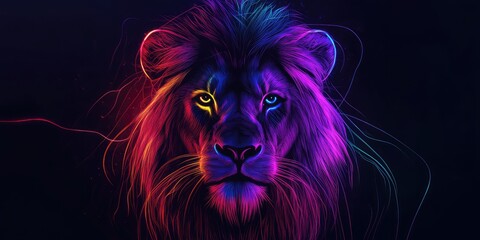 Naklejka premium Neon Lion with Glowing Lines on Black Background. AI generated illustration