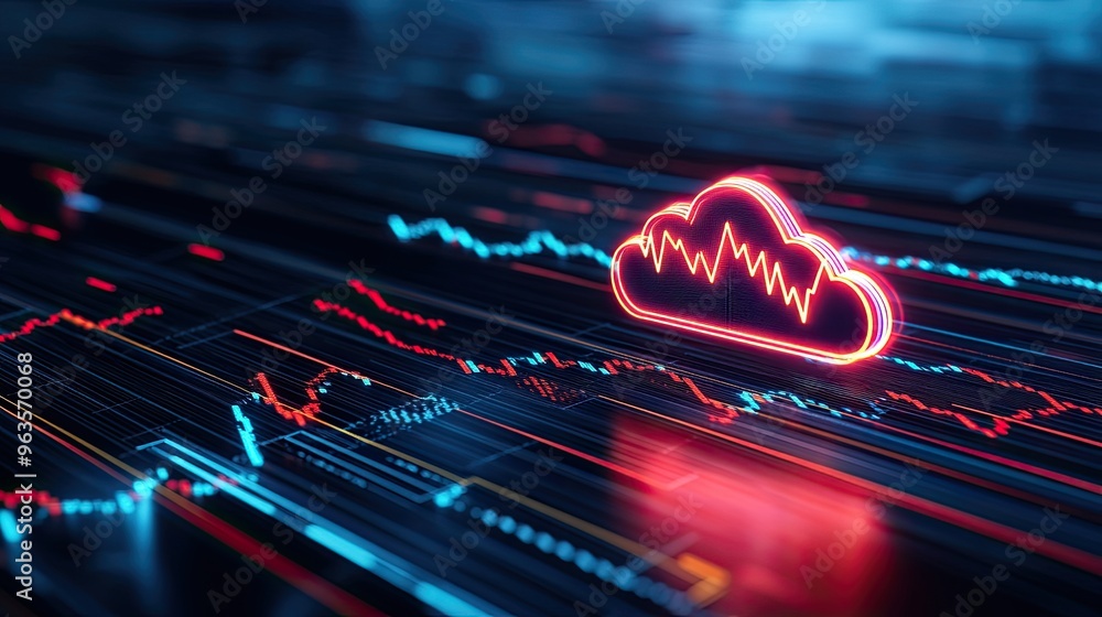 Poster futuristic digital cloud with glowing data visualizations and stock market trends, representing tech