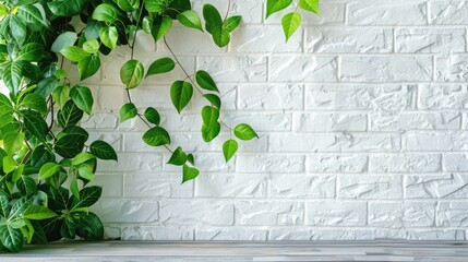 Green leaves on table with white brick wall, perfect for showcasing products.