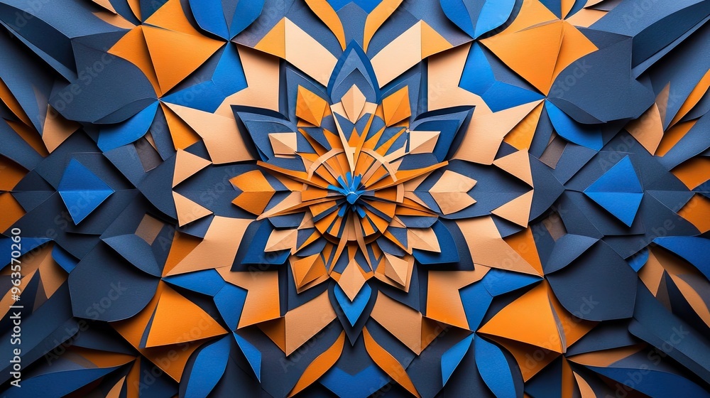 Poster intricate paper art design featuring blue and orange geometric shapes, creating a vibrant and dynami