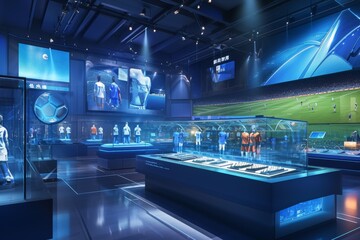 Football Legend Museum Exhibit 3D Illustration Featuring Jerseys, Trophies, and Interactive Displays