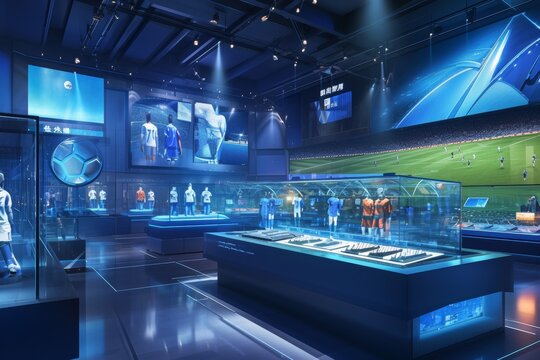 Football Legend Museum Exhibit 3D Illustration Featuring Jerseys, Trophies, and Interactive Displays