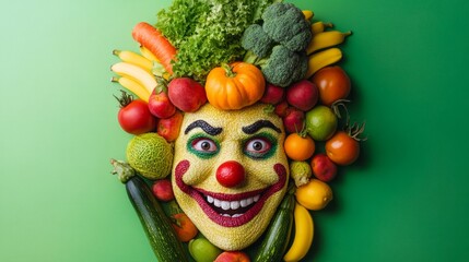 A vibrant clown made of fresh fruits and vegetables brings joy to healthy eating. The face blends colors creatively with a playful, fun style. Perfect for health campaigns or food art. AI