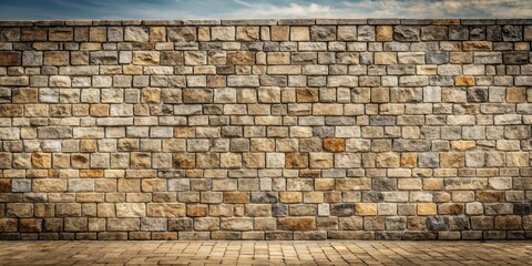 Tuff stone block wall with wide texture, gray rough masonry, panoramic long grunge background