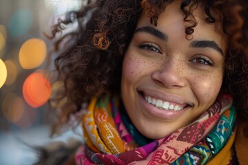 Joyful Woman with Vitiligo Smiling Brightly, Wearing Colorful Scarf - Diversity and Happiness in Focus