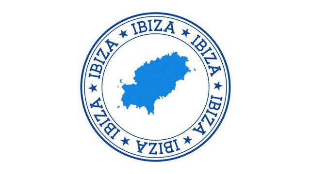 Ibiza intro. Badge with the circular name and map of island. Ibiza round logo animation.