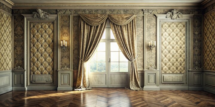 Vintage room interior with elegant curtains and textured wall
