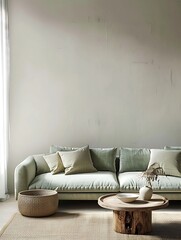 Contemporary home interior featuring a serene beige wall, light green sofa, and wooden coffee table.