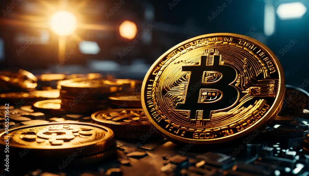 Poster a bitcoin coin prominently displayed with soft bokeh lights in the background, creating a dramatic a