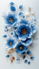 Elegant blue paper cut floral design with leaves and flowers on pastel background