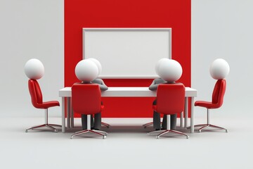 Animated figures having a meeting around a table with whiteboard and red chairs