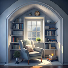 Fototapeta premium Cozy Alcove with Fair-Skinned Modern Décor, Built-In Shelves, Comfortable Armchair, and Soft Natural Light from Small Window, Perfect Reading Nook in Home Setting