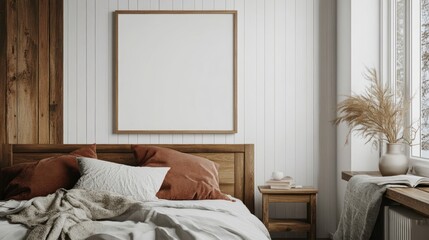 Minimalist Bedroom with Wooden Walls and a Blank Canvas