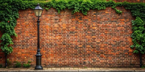 Red brick wall on a London street with vintage lamp post and greenery
