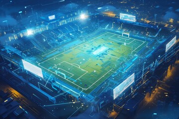 Futuristic Football Field Fused with Digital Circuit Board for Modern Sports Technology Concept