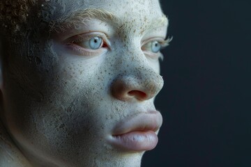 Detailed Close-Up of Albino Man with Pale Skin and Light Eyes Against Dark Background for Artistic Effect