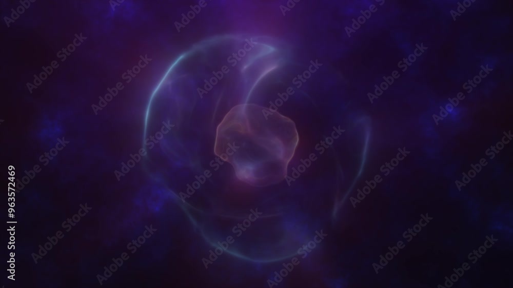 Poster a glowing ethereal purple sphere with a soft flowing core floating against a dark mysterious backgro