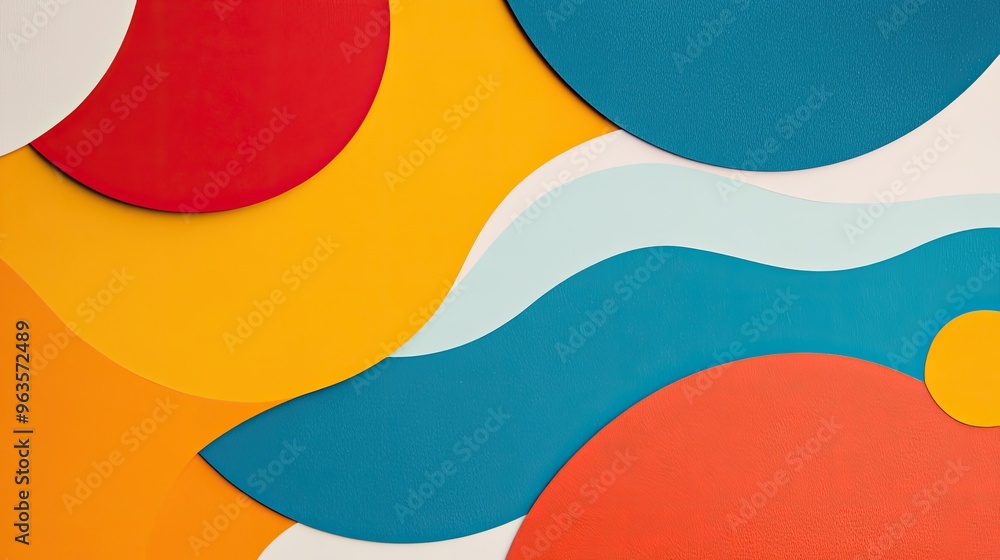 Poster vibrant abstract composition with colorful shapes including circles and waves, perfect for modern de