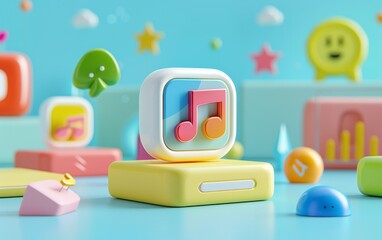 Colorful music app icon with playful and whimsical interface elements in a pastel setting
