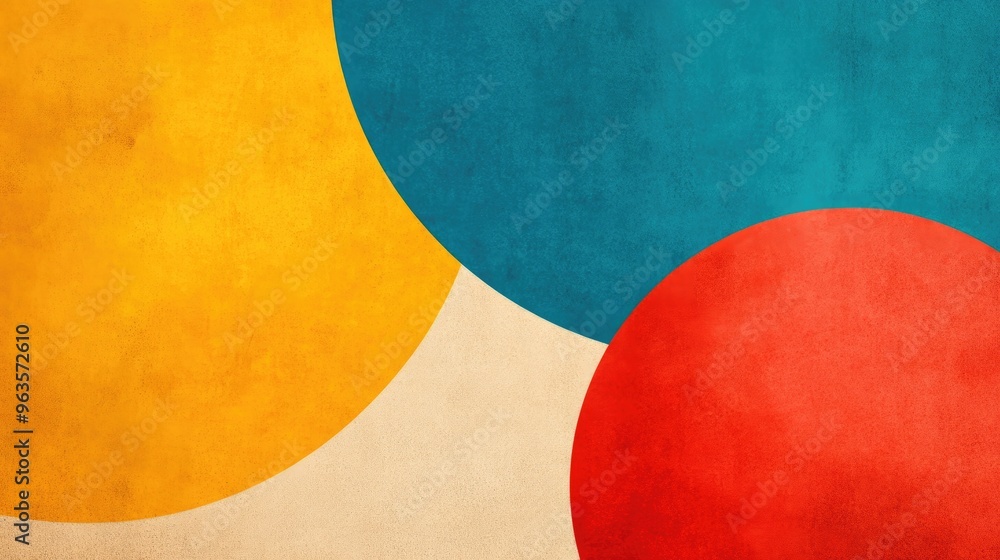 Poster vibrant abstract design featuring overlapping circles in yellow, teal, and red. ideal for creative b