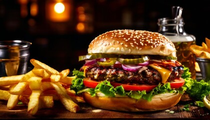 A mouthwatering hamburger stacked with fresh ingredients and accompanied by crispy fries on a rustic table. The perfect shot for themes of indulgence and comfort food, evoking a sense of satisfaction