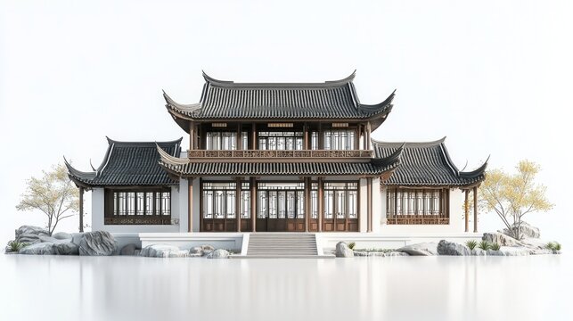 Adorable Chinese-style villa, 3D clay art technique, game-inspired architectural render, pristine white backdrop, high vantage point side view, detailed and charming design