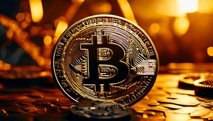 Bitcoin coin displayed with an industrial background and warm glow, highlighting the blend of traditional industry with modern cryptocurrency technology.. AI Generation