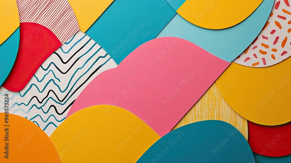 Poster vibrant and abstract paper textures in various colors, creating a dynamic and playful background for