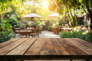Empty wood table with blur interior outdoor space coffee restaurant or cafe for background .generative ai