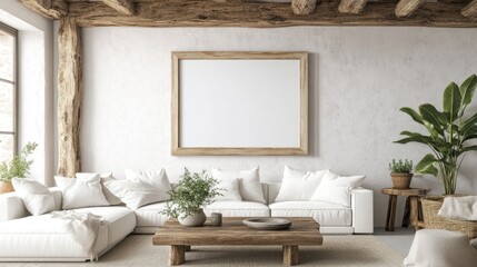 Minimalist Living Room with White Sofa and Wooden Beams