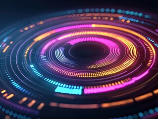 Vibrant digital artwork showcasing circular patterns with glowing lights in purple, blue, and orange, perfect for tech designs.