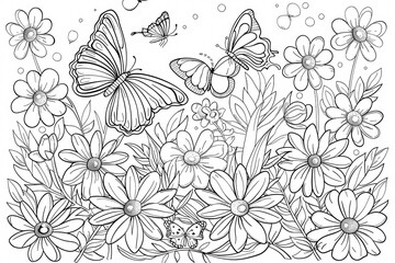 Fototapeta premium A whimsical line art featuring butterflies and flowers, perfect for coloring and creative expression.