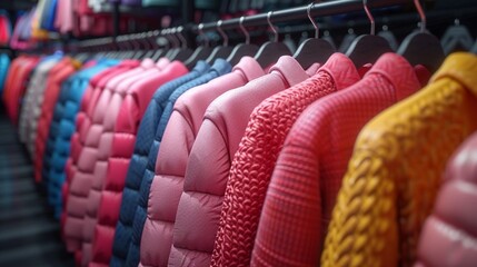 Obraz premium Fashion display featuring colorful sweaters and jackets, showcasing a bright and trendy collection.