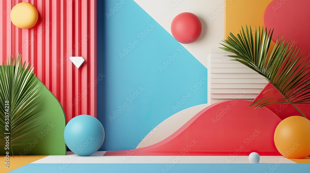Poster vibrant geometric shapes with tropical leaves create a modern, dynamic backdrop for artistic project