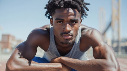 Young athletic man taking a break after sprint, leaning forward with hands on knees, cityscape and bridge visible in the distance