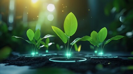 Vibrant green seedlings sprouting from rich soil, symbolizing growth and new beginnings in a magical, glowing environment.