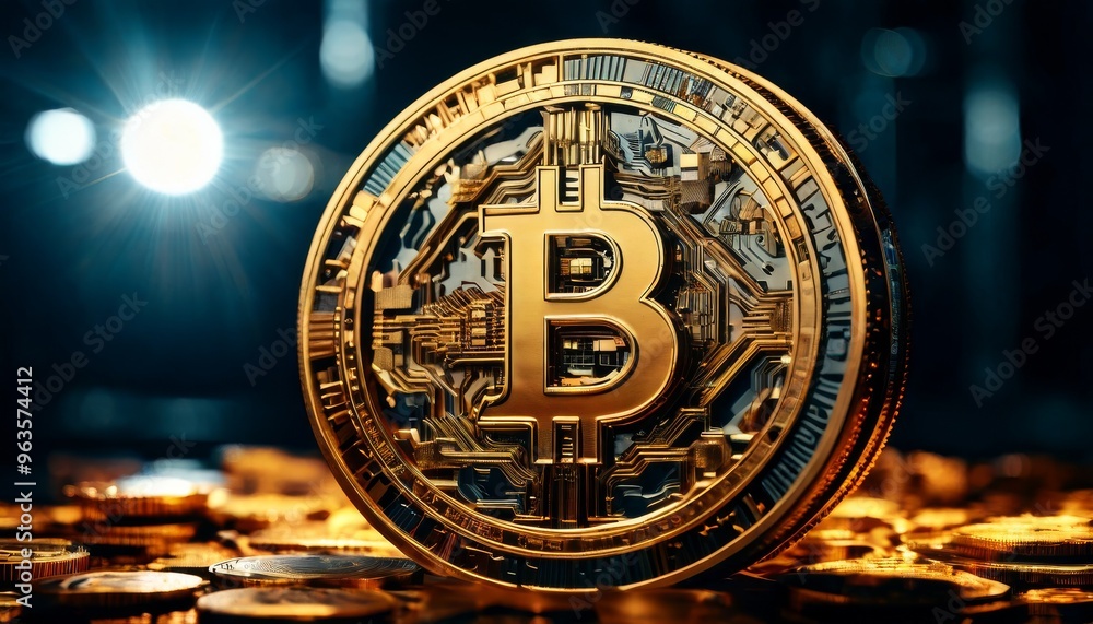 Poster a bitcoin coin prominently displayed with an illuminated circuitry pattern in the background, emphas
