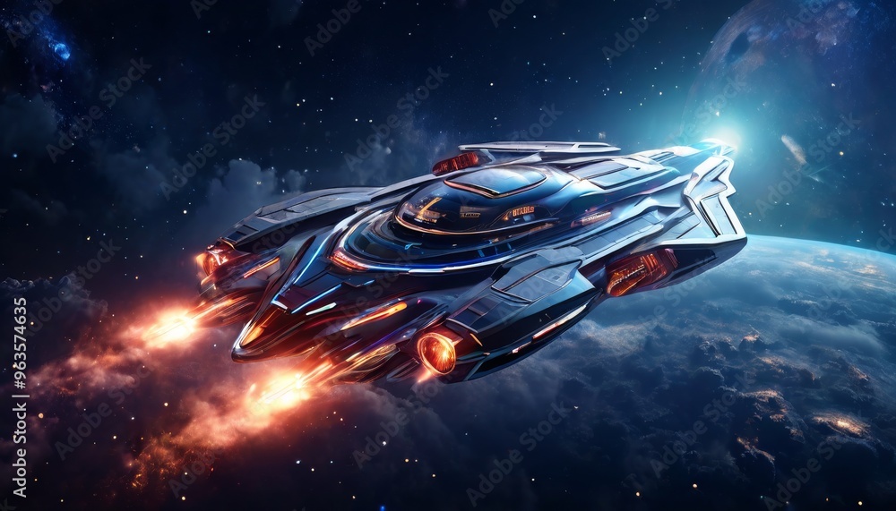 Poster a sleek, futuristic spaceship soars through the vastness of outer space. the spacecraft is illuminat