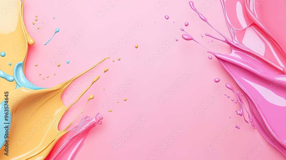 Poster vibrant paint splashes create a colorful pattern against a soft pink background, perfect for creativ